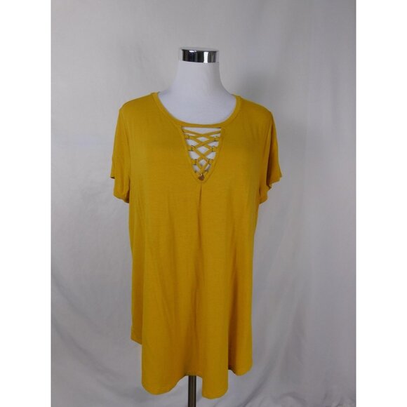 Wonderly Shirt Womens Large Yellow Lattice Neck Short Sleeve Linen Blend Tee Top - Picture 1 of 9